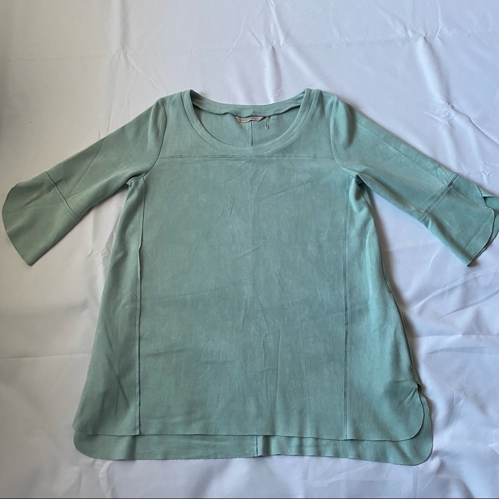 Soft Surroundings teal green tunic top size small tulip sleeves suede oversized